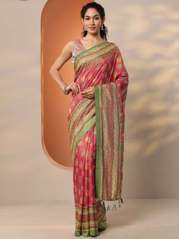Libas - Pink Silk Blend Floral Saree with Unstitched Blouse