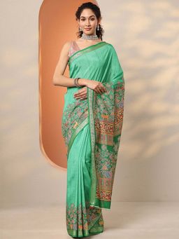 Libas - Green Silk Blend Printed Saree with Unstitched Blouse