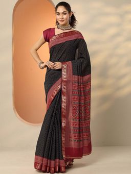 Libas - Grey Silk Blend Printed Saree with Unstitched Blouse