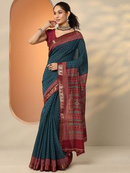Libas - Blue Silk Blend Printed Saree with Unstitched Blouse