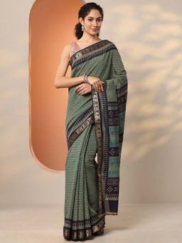Libas - Green Silk Blend Printed Saree with Unstitched Blouse