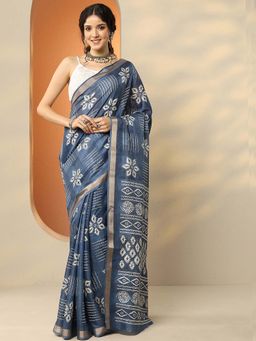 Libas - Navy Blue Silk Blend Printed Saree with Unstitched Blouse