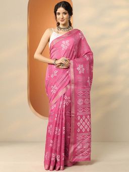 Libas - Pink Silk Blend Printed Saree with Unstitched Blouse