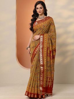 Libas - Mustard Silk Blend Floral Saree with Unstitched Blouse