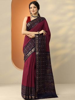 Libas - Maroon Silk Blend Printed Saree with Unstitched Blouse