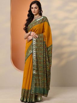 Libas - Mustard Silk Blend Printed Saree with Unstitched Blouse