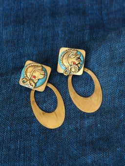 ExclusiveLane - Gold Tribal Girl Faces Bohemian Handcrafted In Dhokra Art Brass Earrings