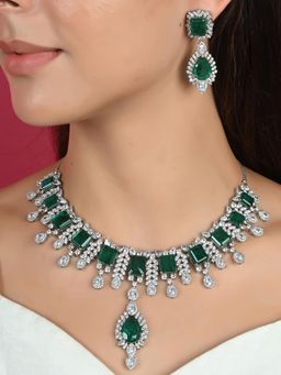 Ratnavali Jewels - Silver Plated Green and White American Diamond Wedding Jewellery Set