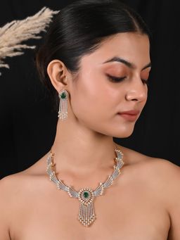 Ratnavali Jewels - Gold Silver Plated Green and White American Diamond Wedding Jewellery Set
