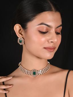 Ratnavali Jewels - Gold Plated Green and American Diamond Kundan Choker Jewellery Set