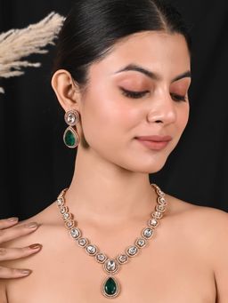 Ratnavali Jewels - Gold Plated Green and White Cz Drop Kundan Long Jewellery Set