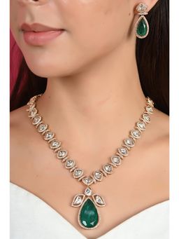 Ratnavali Jewels - Gold Plated Green and White Cz Drop Kundan Long Jewellery Set