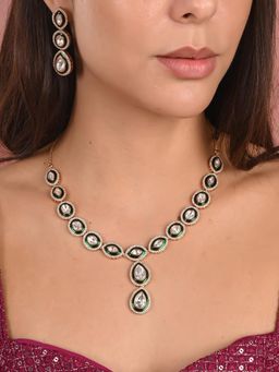 Ratnavali Jewels - Gold Plated Green Enamel Kundan Pear Drop Jewellery Set