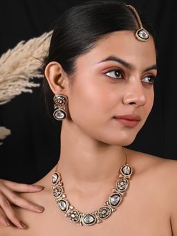 Ratnavali Jewels - Gold Plated Green Enamel Kundan Polki Heavy Wedding Jewellery Set with Tikka