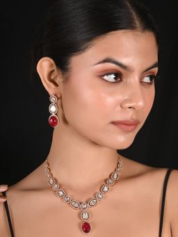 Ratnavali Jewels - Gold Plated Red and White Drop Cz Kundan Jewellery Set