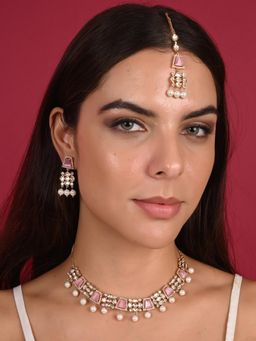 Ratnavali Jewels - Gold Plated Pink and White Cz Kundan Pearl Drop Jewellery Set with Tikka