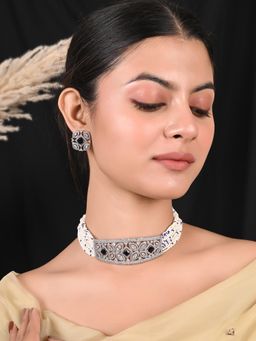 Ratnavali Jewels - Silver Plated Blue and White Cz Pearl Choker Jewellery Set