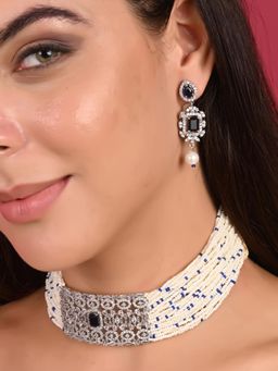 Ratnavali Jewels - Silver Plated Blue and White Cz Pearl Choker Jewellery Set