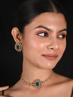 Ratnavali Jewels - Gold Plated Green and White Cz Kundan Choker Jewellery Set