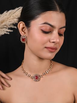 Ratnavali Jewels - Gold Plated Red and White Cz Kundan Choker Jewellery Set