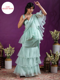 Gajra Gang - Golabar Green Ruffled Draped Saree With Blouse (set Of 2)