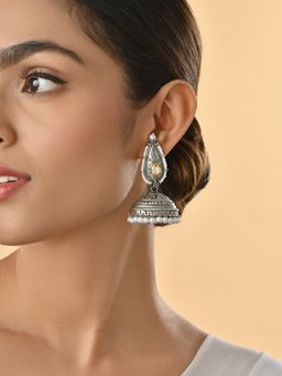 Fida - Oxidised Silver Teardrop Temple Jhumka Earrings with Pearl Drops