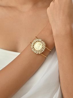 Fida - Brass Gold -Plated Broad Queen Victoria Coin Pearl Single Cuff Bracelet
