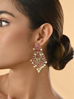Fida - Gold -Toned Red Kundan Floral Pearls Drops Muhuratam Chandbali Earrings