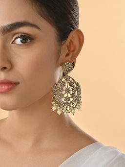 Fida - Gold -Toned White Kundan and Pearls Floral Muhuratam Chandbali Earrings