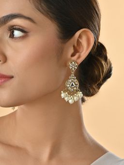 Fida - Gold Plated Bridal Teardrop White Kundan Stone and Pearls Drop Earrings
