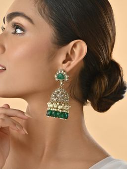 Fida - Gold Plated Bridal Dark Green White Kundan and Pearl Droplets Big Jhumka Earrings
