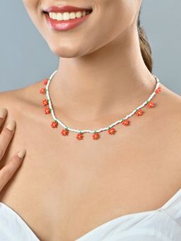 ToniQ - White Beaded Red Floral and Green Leaf Choker Necklace