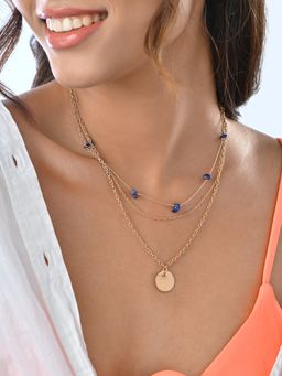 ToniQ - Gold-Toned Navy Blue Beaded and Molten Pendant Three Layered Link Chain Necklace