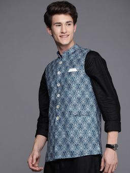 Manyavar - Blue Sleeveless Mandarin Collar Nehru Jacket