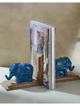 Fabindia - Blue Ceramic Glazed Mitul Elephant Bookend (Pack of 2)