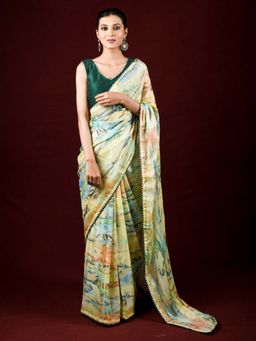 EXCLUSIVA - Multicolor Brasso Digital Print Designer Saree with Unstitched Blouse
