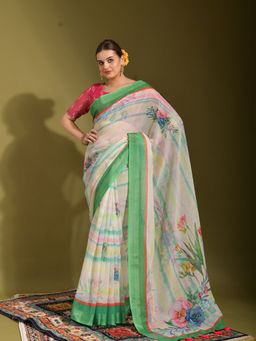 Odette - White Linen Designer Saree with Unstitched Blouse
