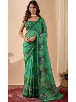 Nyri - Womens Green Elegant Digital Printed Georgette Saree