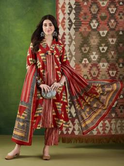 Gahan - Womens Maroon Cotton Printed Straight Kurta with Pant & Dupatta