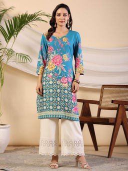 Juniper - Blue Rayon Floral Printed Straight Kurta