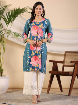 Juniper - Blue Rayon Floral Printed Straight Kurta