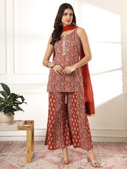Yufta - Cotton Rust Kurti with Sharara and Dupatta (Set of 3)