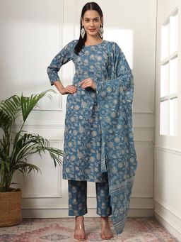 Yufta - Pure Cotton Straight Blue Kurta with Pant & Dupatta (Set of 3)