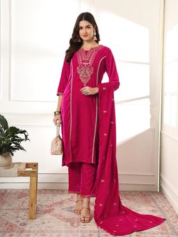 Yufta - Velvet Pink Kurta with Pant & Embroidered Dupatta (Set of 3)