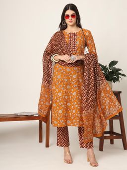 Yufta - Piping On Yoke Floral Print Mustard Cotton Kurta with Pant & Dupatta (Set of 3)