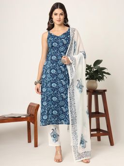 Yufta - Blue Cotton Strappy Block Print Kurta with Pant & Dupatta (Set of 3)