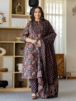 Yufta - Pure Cotton Black Plus Size Kurta with Pant & Dupatta (Set of 3)