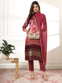 Yufta - Burgundy Silk Kurta with Pant & Dupatta (Set of 3)