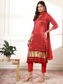 Yufta - Red Silk Bandhani Kurta with Pant & Dupatta (Set of 3)