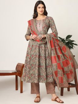 Yufta - Pink and Grey Cotton Dori Embroidery Anarkali Kurta with Pant & Dupatta (Set of 3)